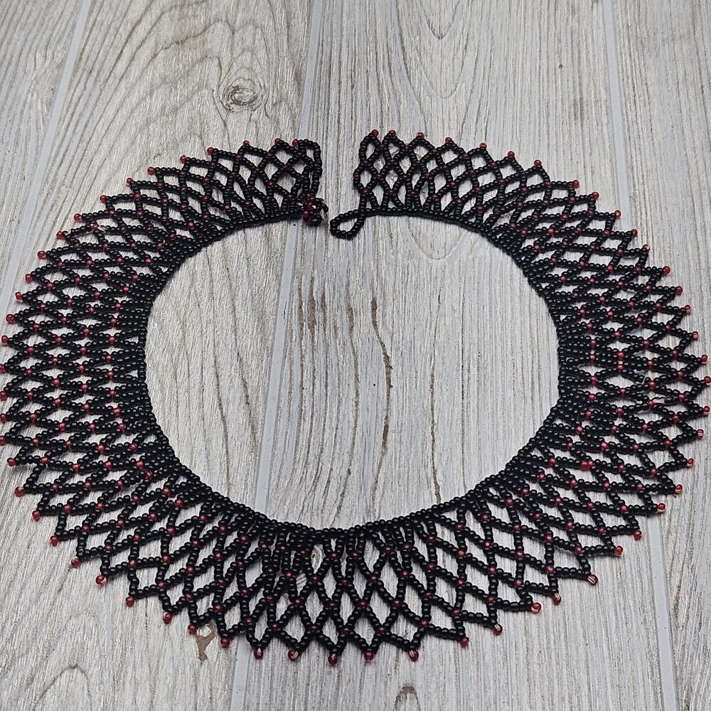 Vintage Seed Bead Collar Choker Handmade Necklace Black and Red